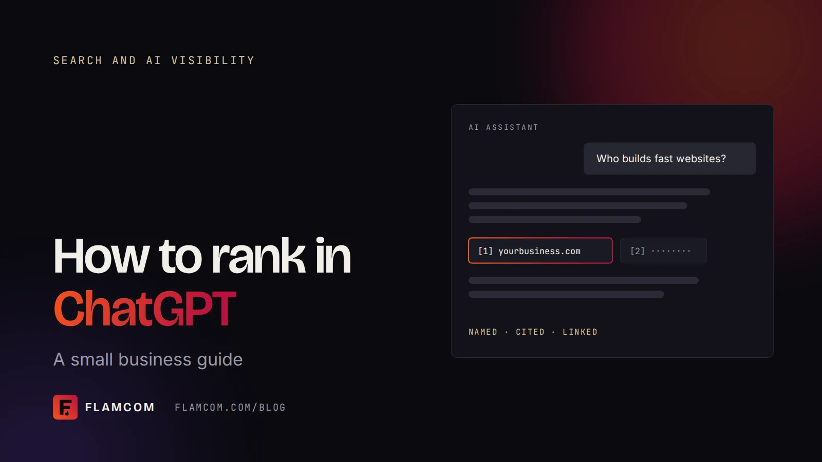 Flamcom blog cover: how to rank in ChatGPT, showing an AI answer that cites yourbusiness.com.